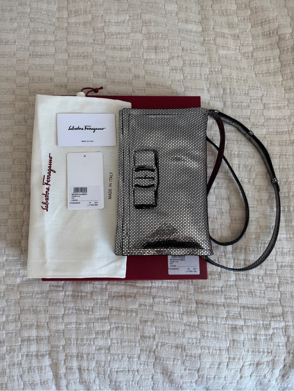 Salvatore Ferragamo Silver Metallic Evening Bag with removable crossbody